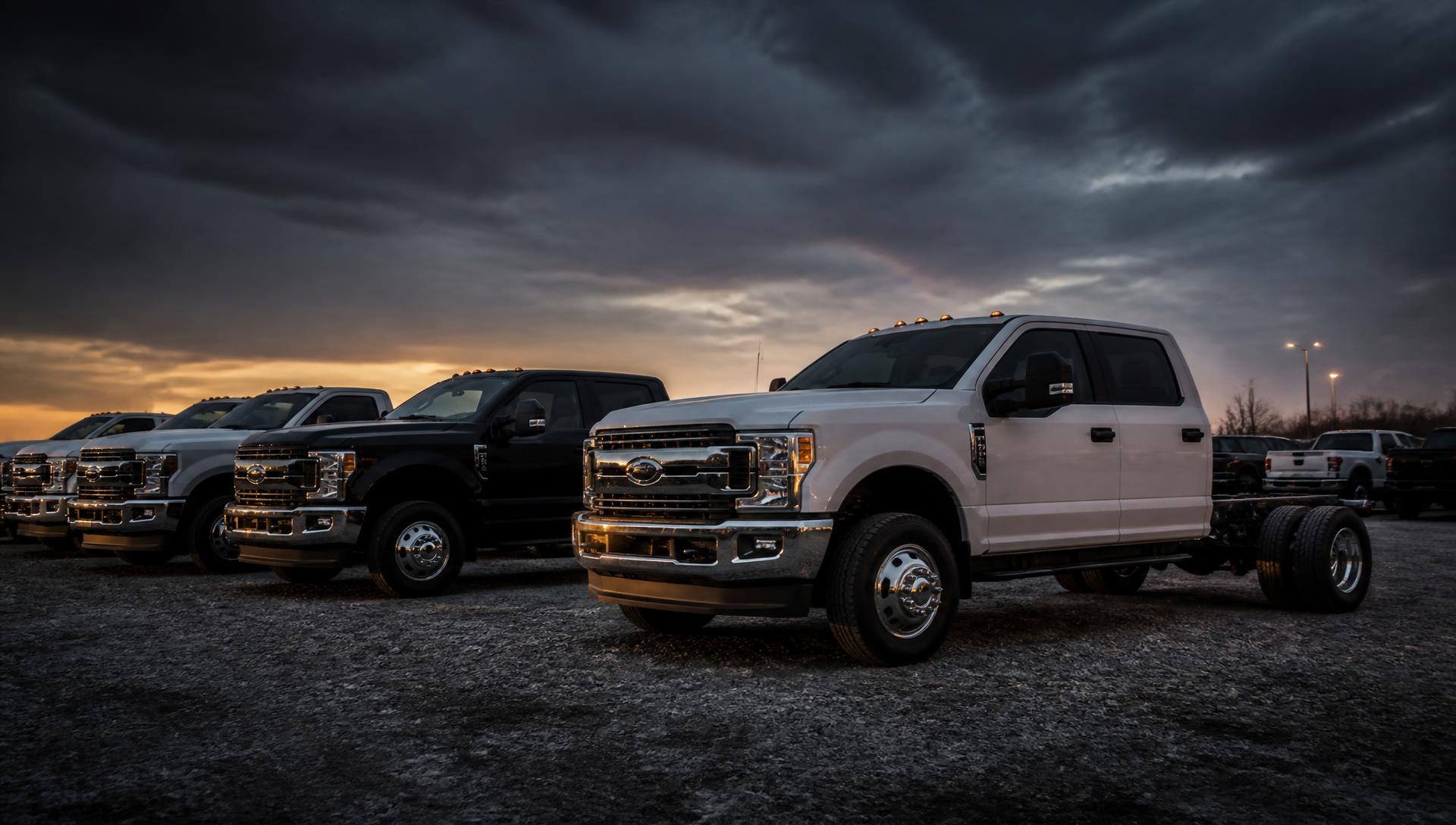 Row of heavy-duty work trucks on the Automotive Wholesale Warehouse lot